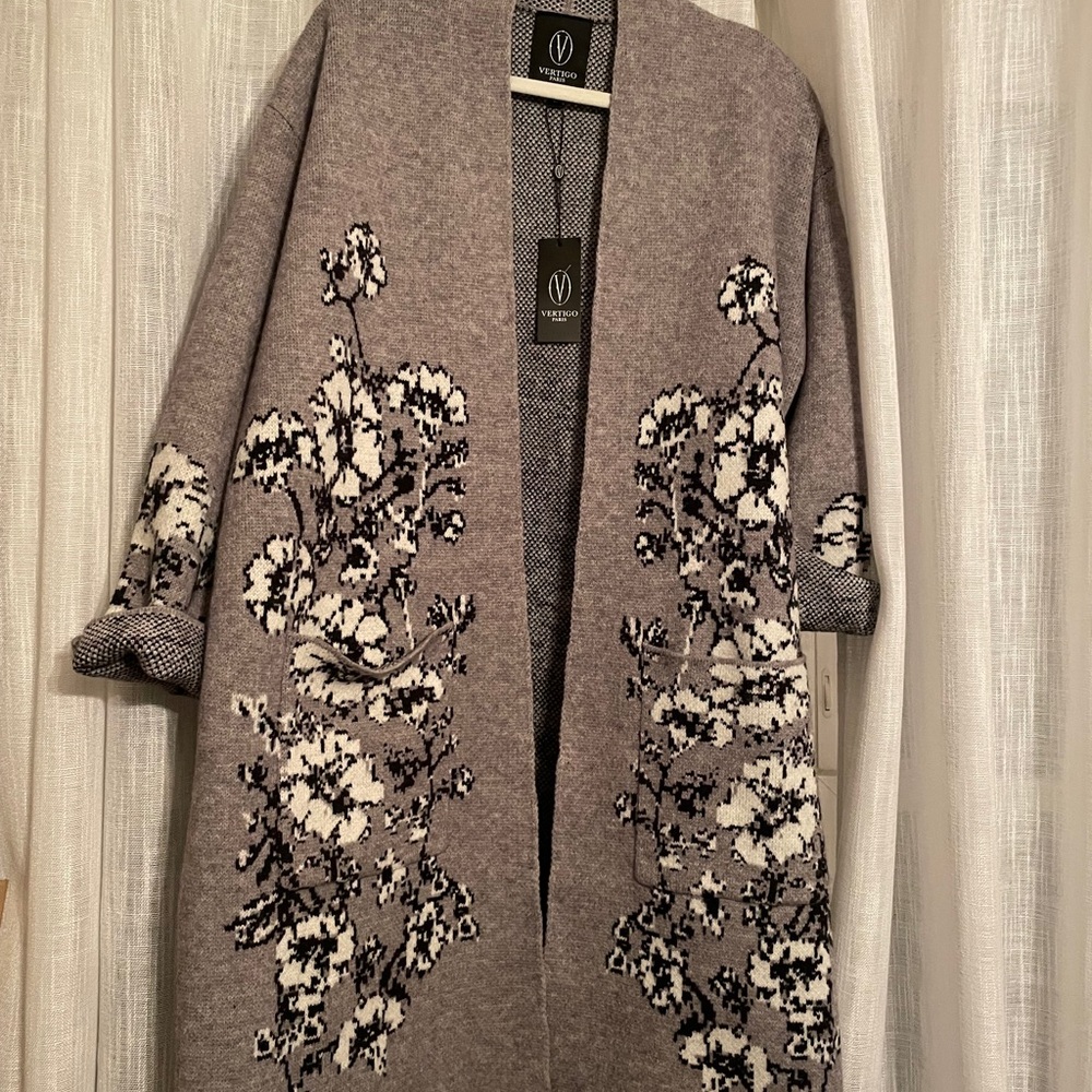 Vertigo Paris Charcoal and Ivory Floral Cardigan